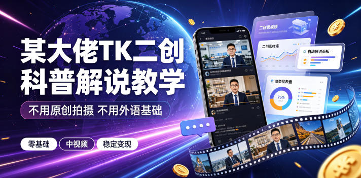 某大佬TK二创科普解说教学，不用原创拍摄不用外语基础，零基础做TikTok中视频稳定变现-青虫资源网