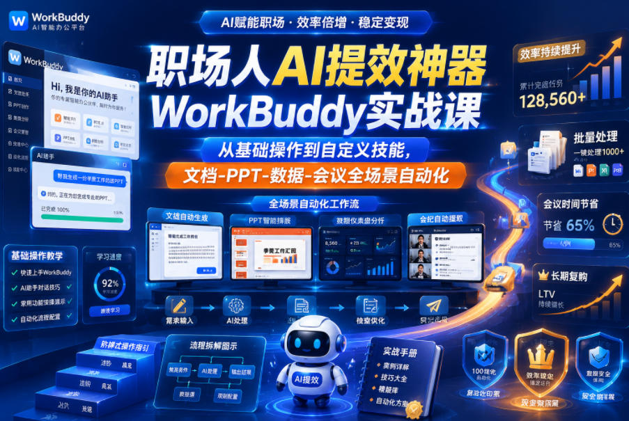 职场人AI提效神器WorkBuddy实战课，从基础操作到自定义技能，文档-PPT-数据-会议全场景自动化-快名资源网