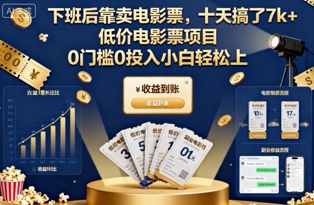 下班后靠卖电影票，十天搞了7k+，低价电影票项目，0门槛0投入小白轻松上手【揭秘】-快名资源网
