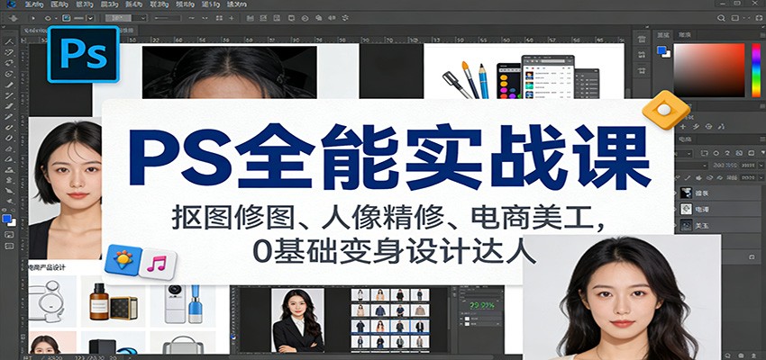 PS全能实战课：抠图修图、人像精修、电商美工，0基础变身设计达人-快名资源网