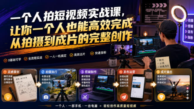 一个人拍短视频实战课，让你一个人也能高效完成从拍摄到成片的完整创作-青虫资源网