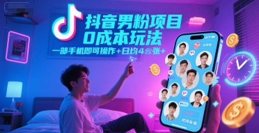 抖音男粉项目0成本玩法，一部手机即可操作，日均4张+，时间自由-快名资源网