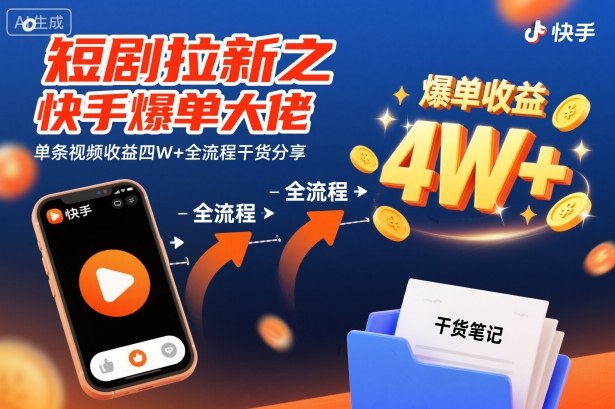 短剧拉新之快手爆单大佬单条视频收益四W+全流程干货分享-快名资源网