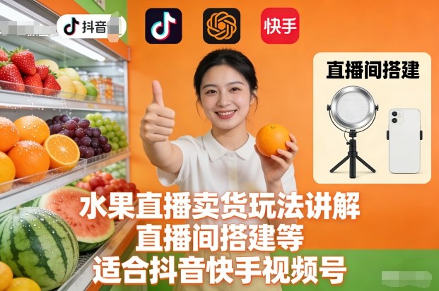 水果直播卖货玩法讲解、直播间搭建等，适合抖音快手视频号-快名资源网
