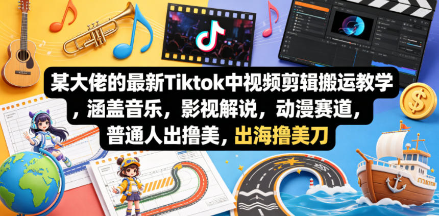 某大佬的最新Tiktok中视频剪辑搬运教学，涵盖音乐，影视解说，动漫赛道，普通人出海撸美刀-快名资源网
