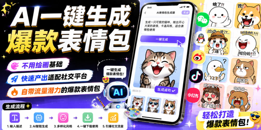 AI一键生成爆款表情包，不用绘画基础，快速产出适配社交平台，自带流量潜力的爆款表情包-快名资源网