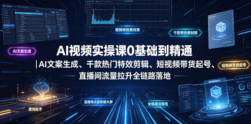AI视频实操课0基础到精通｜AI文案生成、千款热门特效剪辑、短视频带货起号、直播间流量拉升全链路落地-青虫资源网