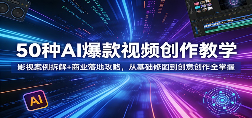 50种AI爆款视频创作教学：影视案例拆解+商业落地攻略，从基础修图到创意创作全掌握-快名资源网