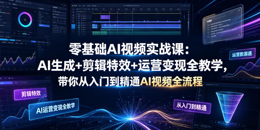 零基础AI视频实战课：AI生成+剪辑特效+运营变现全教学，带你从入门到精通AI视频全流程-青虫资源网