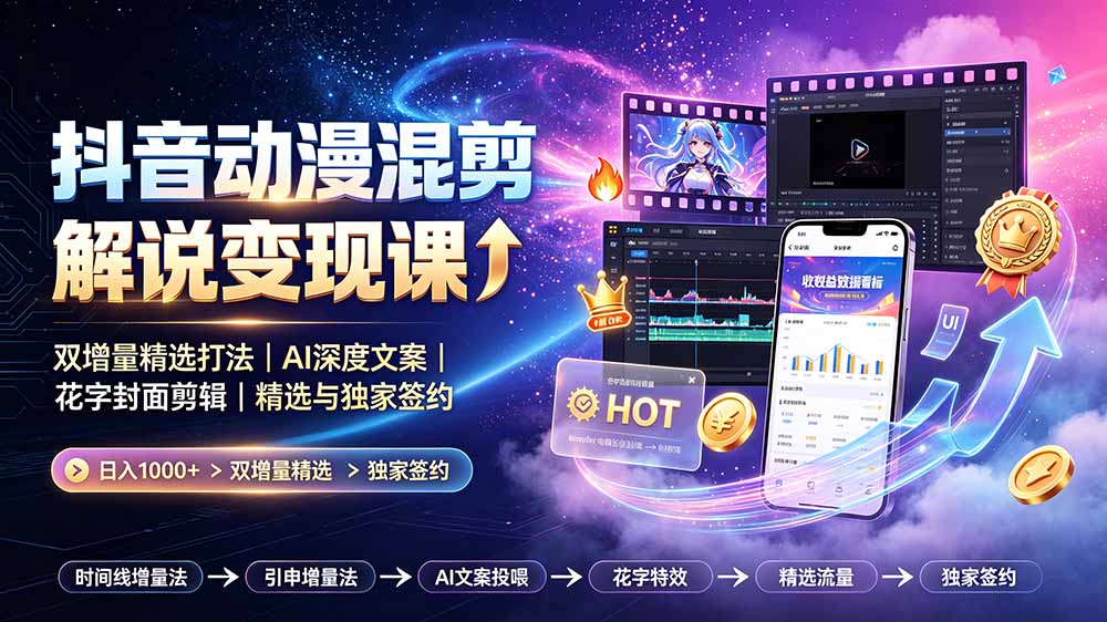 抖音动漫混剪解说变现课：双增量精选打法｜AI深度文案｜花字封面剪辑｜ 精选与独家签约日入1000+-青虫资源网