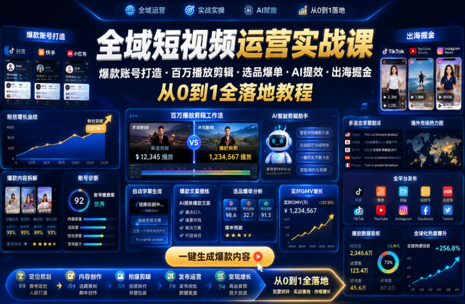 全域短视频运营实战课，爆款账号打造・百万播放剪辑・选品爆单・AI提效・出海掘金，从0到1全落地教程-快名资源网