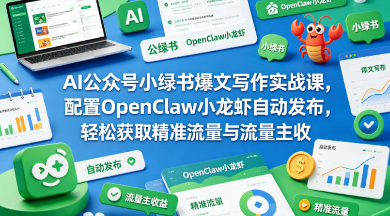 AI公众号小绿书爆文写作实战课，配置OpenClaw小龙虾自动发布，轻松获取精准流量与流量主收益-快名资源网