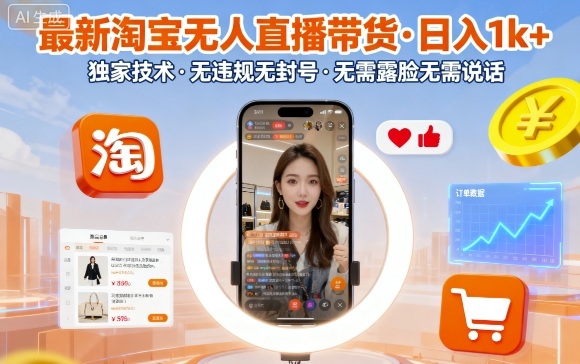 最新淘宝无人直播带货，日入1k+，独家技术，无违规无封号，无需露脸无需说话【揭秘】-青虫资源网