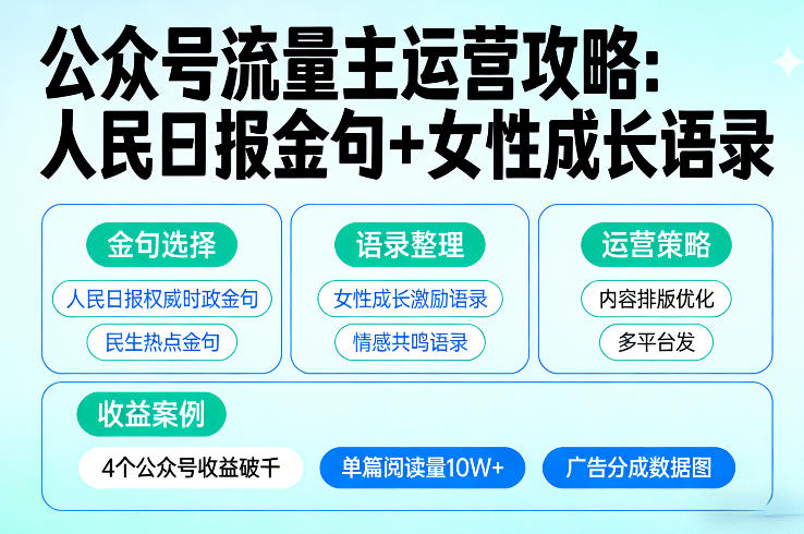 利用人民日报金句+女性成长语录做公众号流量主，4个公众号收益破千-快名资源网