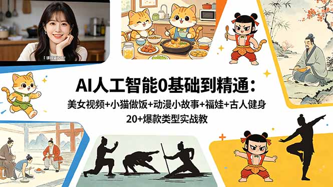 AI人工智能0基础到精通：美女视频+小猫做饭+动漫小故事+福娃+古人健身，20+爆款类型实战教学-快名资源网