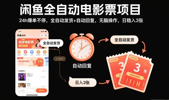 闲鱼全自动电影票项目，24h爆单不停，全自动发货+自动回复，无脑操作，日稳入3张【揭秘】-快名资源网