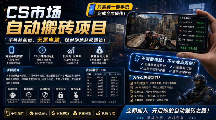 手机即可操作的CS市场自动搬砖系统｜自动监控｜自动下单|日入300+【揭秘】-快名资源网