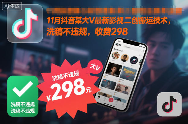 11月抖音某大V最新影视二创搬运技术，洗稿不违规，收费298-快名资源网