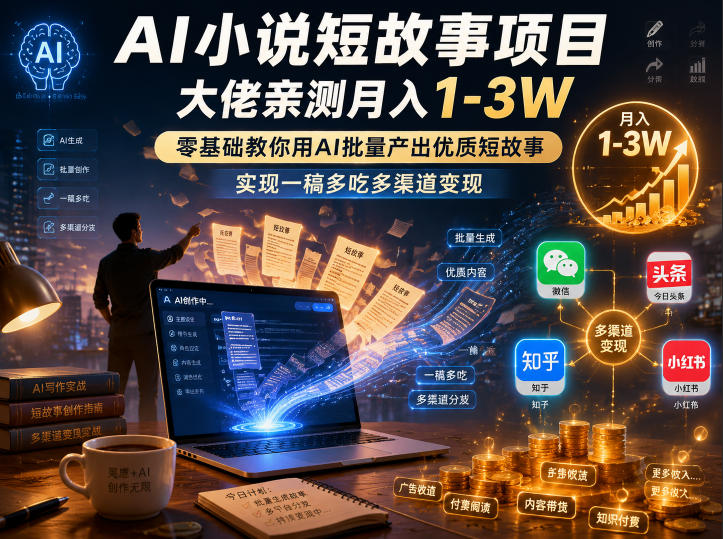 AI小说短故事项目，大佬亲测月入1-3W，零基础教你用AI批量产出优质短故事，实现一稿多吃多渠道变现(更新0624)-快名资源网