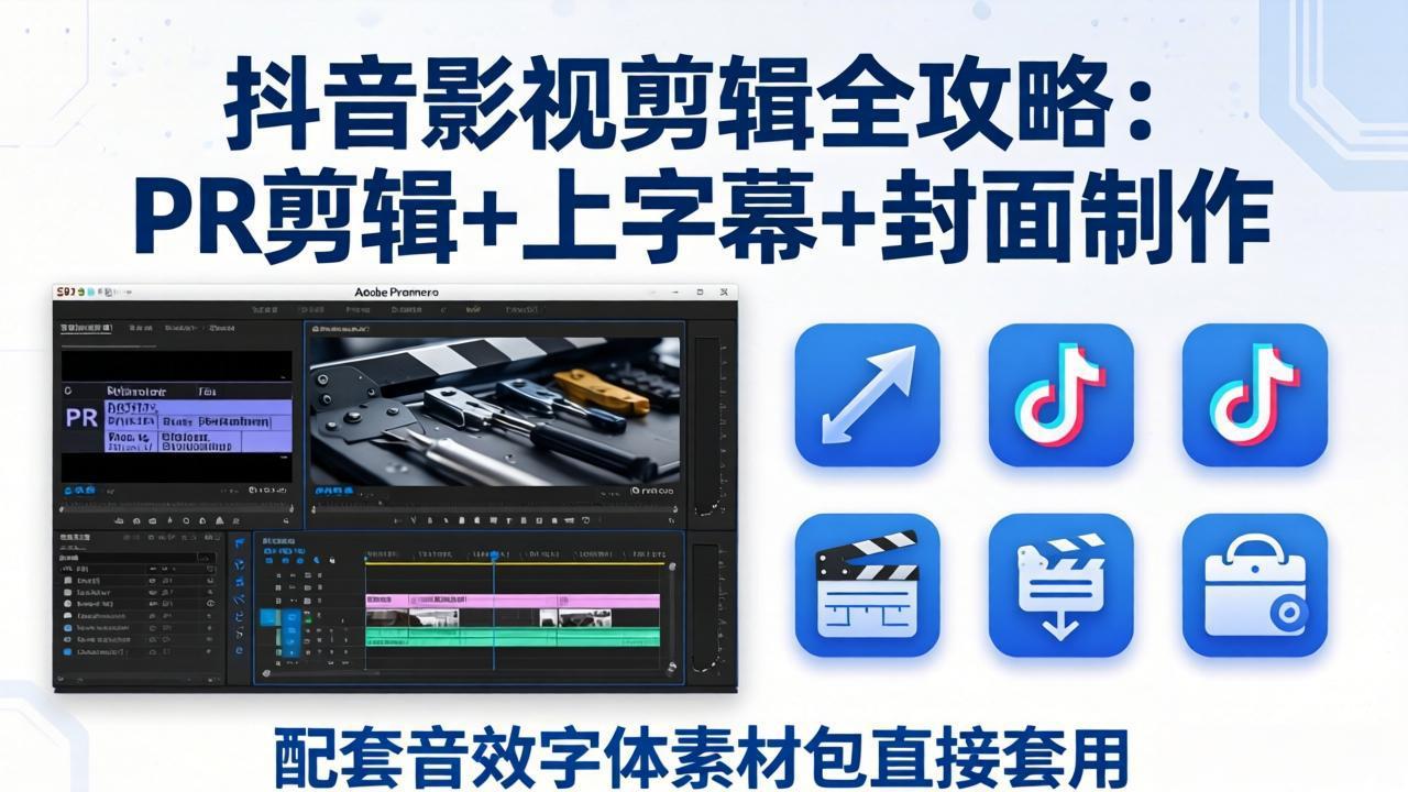 抖音影视剪辑全攻略：PR剪辑+上字幕+封面制作，配套音效字体素材包直接套用-快名资源网