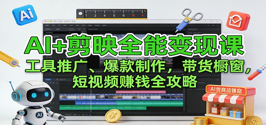 AI+剪映全能变现课：工具推广、爆款制作、带货橱窗，短视频赚钱全攻略-快名资源网