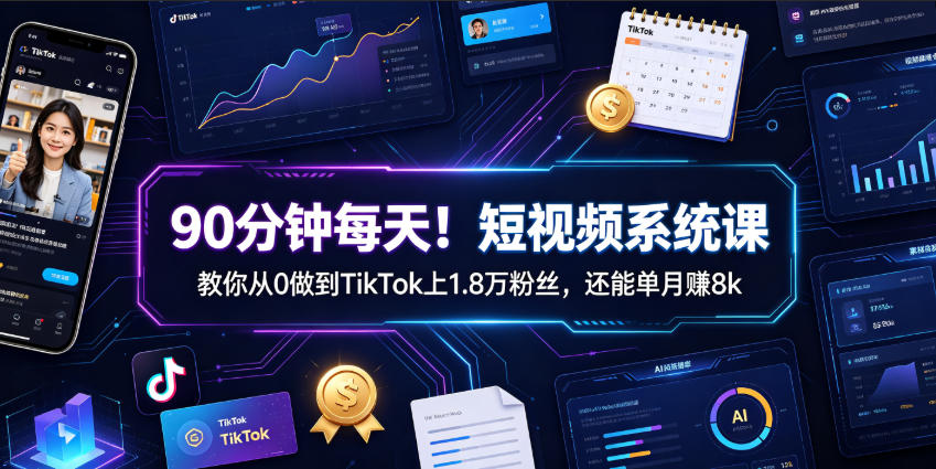 90分钟每天！短视频系统课教你从0做到TikTok上1.8万粉丝，还能单月賺8k【原创双语字幕】-青虫资源网