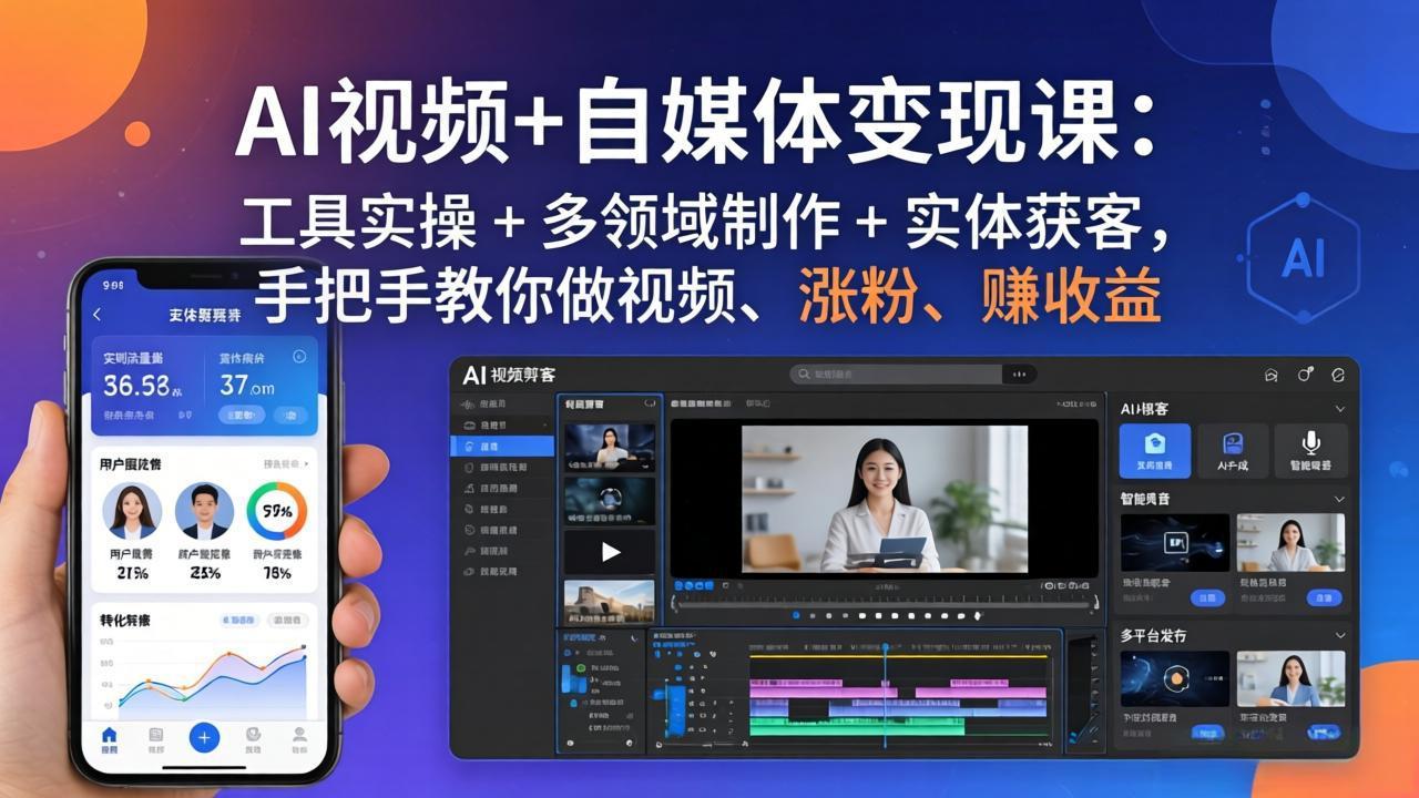 AI视频+自媒体变现课：工具实操 + 多领域制作 + 实体获客，手把手教你做视频、涨粉、赚收益-快名资源网