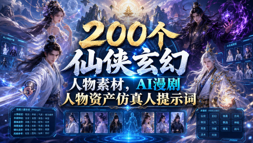 200个仙侠玄幻人物素材，AI漫剧人物资产仿真人提示词-青虫资源网