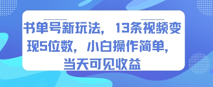 书单号新玩法，13条视频变现5位数，小白操作简单，当天可见收益-快名资源网