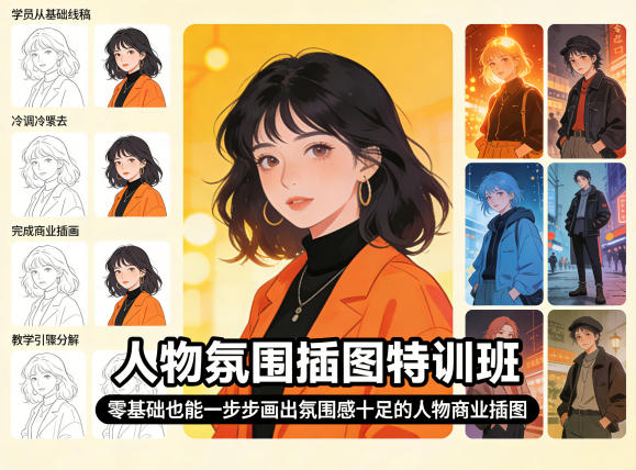 人物氛围插图特训班，零基础也能一步步画出氛围感十足的人物商业插图-快名资源网