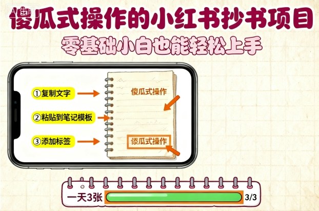 傻瓜式操作的小红书抄书项目，会复制粘贴就行，零基础小白也能一天3张-青虫资源网