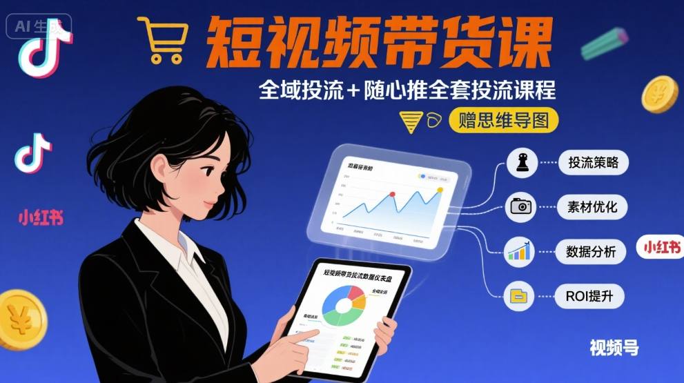 最新短视频带货课，全域投流+随心推全套投流课程+思维导图-快名资源网