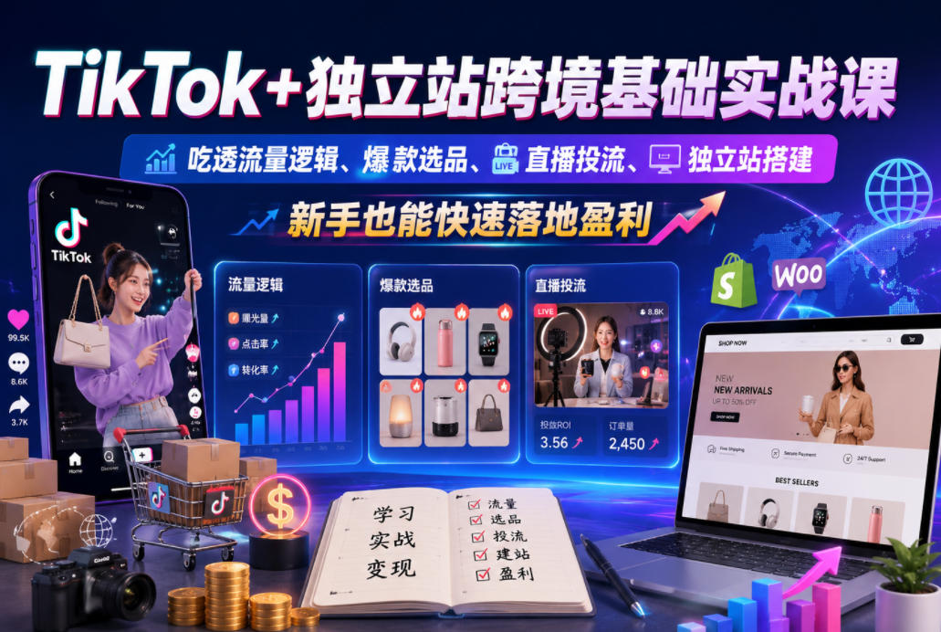 TikTok+独立站跨境基础实战课，吃透流量逻辑、爆款选品、直播投流与独立站搭建，新手也能快速落地盈利-快名资源网