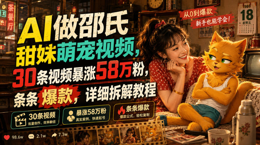 AI做邵氏甜妹萌宠视频，30条视频暴涨58万粉，条条爆款，详细拆解教程-青虫资源网