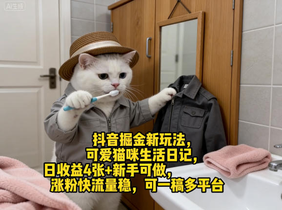 抖音掘金新玩法，可爱猫咪生活日记，日收益4张+新手可做，涨粉快流量稳，可一稿多平台-快名资源网