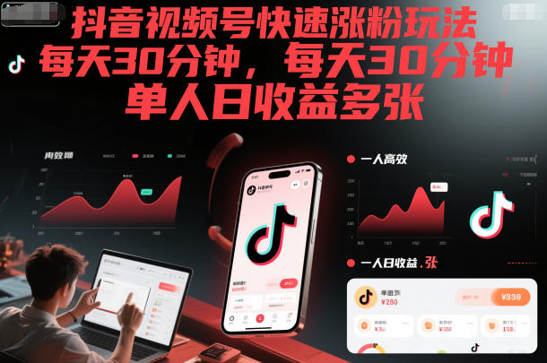 抖音视频号快速涨粉玩法，每天30分钟，单人日收益多张-快名资源网