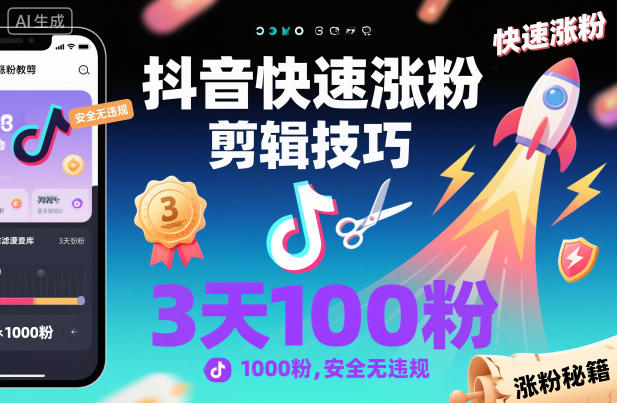 抖音快速涨粉剪辑技巧，3天1000粉，安全无违规-快名资源网