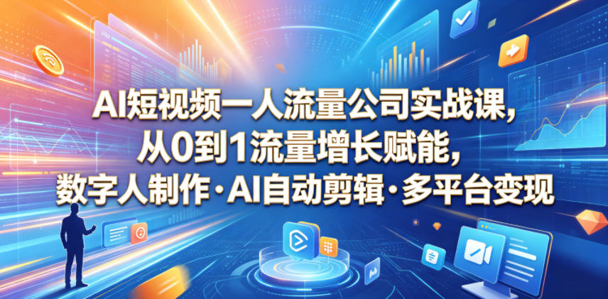AI短视频一人流量公司实战课，从0到1流量增长赋能，数字人制作・AI自动剪辑・多平台变现，一人做流量生意全落地教程-快名资源网