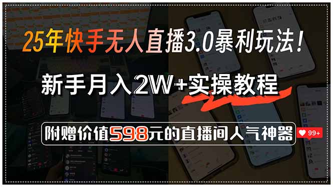 25年快手无人直播3.0暴利玩法！，新手月入2W+实操教程，附赠价值598元...-快名资源网