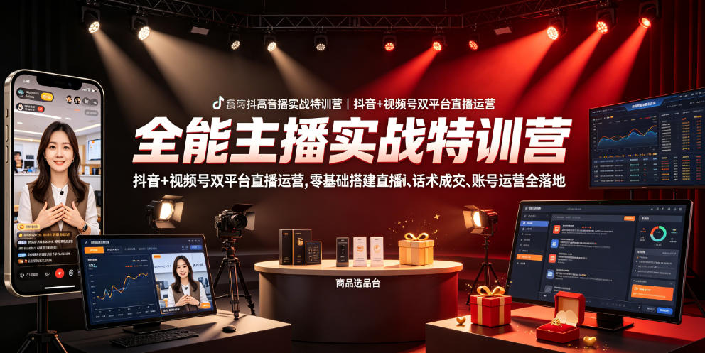 全能主播实战特训营｜抖音+视频号双平台直播运营，零基础搭建直播间、精准选品、话术成交、账号运营全落地-青虫资源网