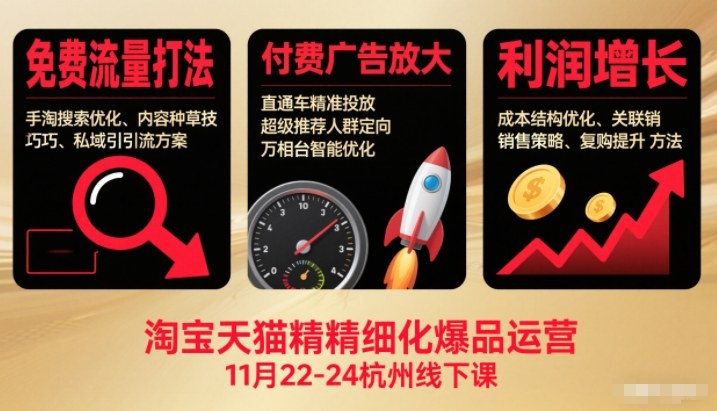 淘宝天猫精细化爆品运营11月22-24杭州线下课，免费流量打法+付费广告放大+利润增长(音频+文档)-快名资源网