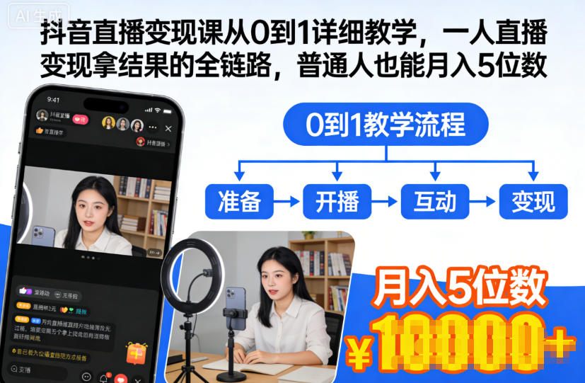 抖音直播变现课从0到1详细教学，一人直播变现拿结果的全链路，普通人也能月入5位数-快名资源网