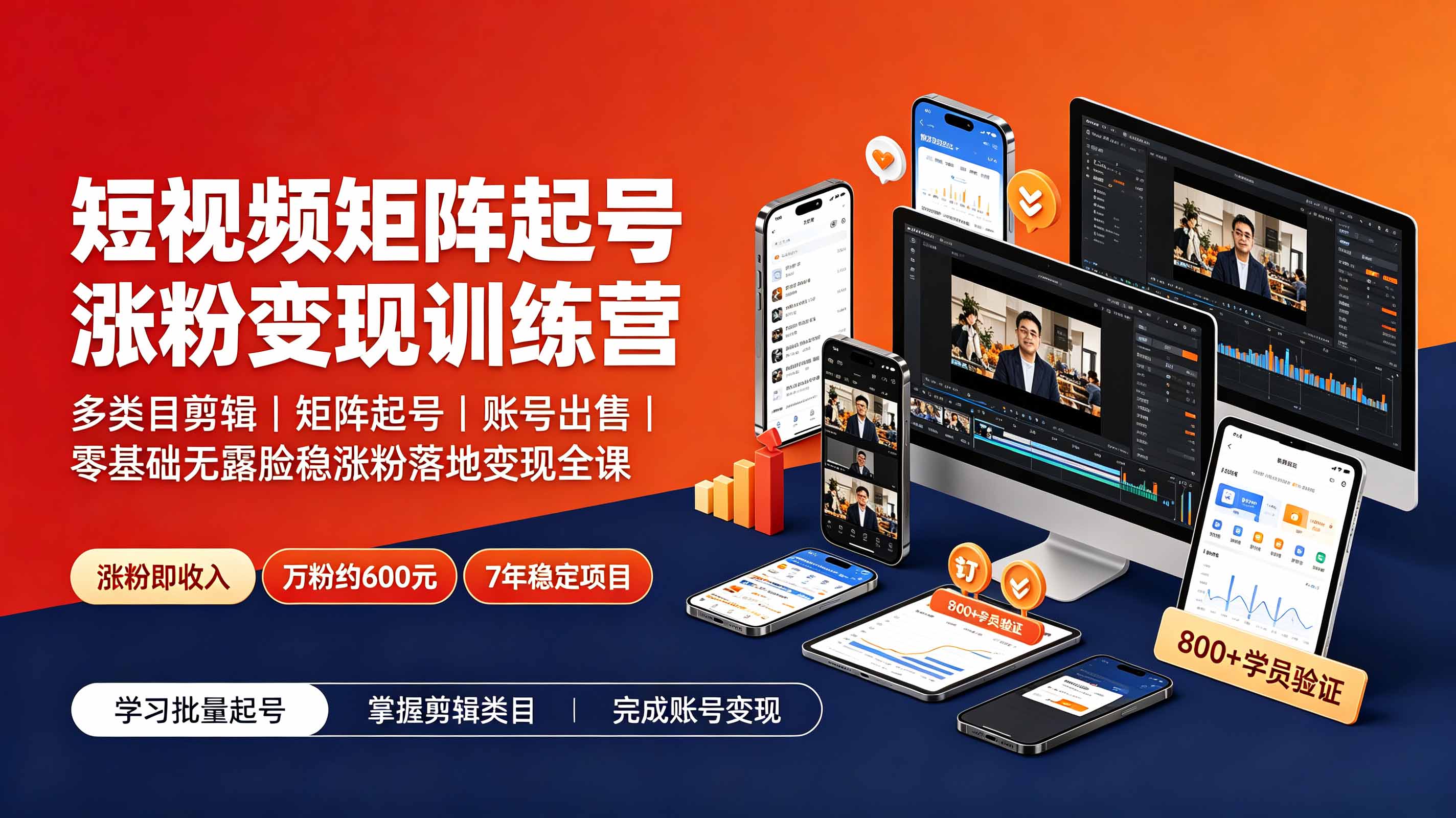 短视频矩阵起号涨粉变现训练营｜多类目剪辑·矩阵起号·账号出售，零基础无露脸稳涨粉落地变现全课-青虫资源网