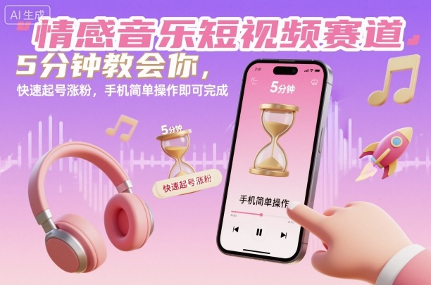 情感音乐短视频赛道，5分钟教会你，快速起号涨粉，手机简单操作即可完成-快名资源网
