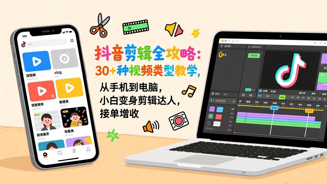 抖音剪辑全攻略：30+种视频类型教学，从手机到电脑，小白变身剪辑达人，接单增收-快名资源网