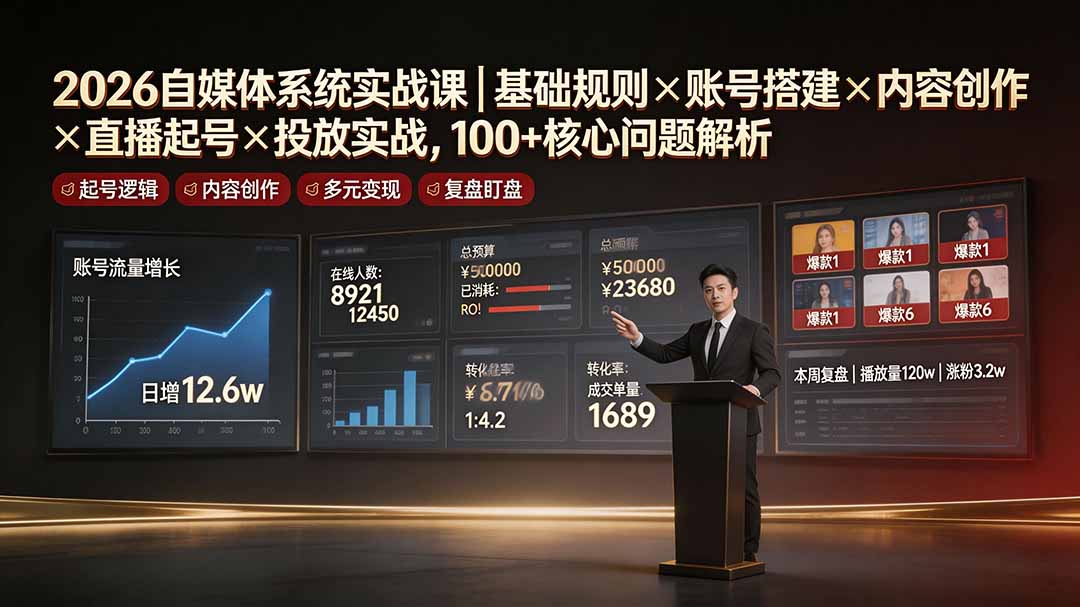 2026自媒体系统实战课｜基础规则×账号搭建×内容创作×直播起号×投放实战，100+核心问题解析-青虫资源网