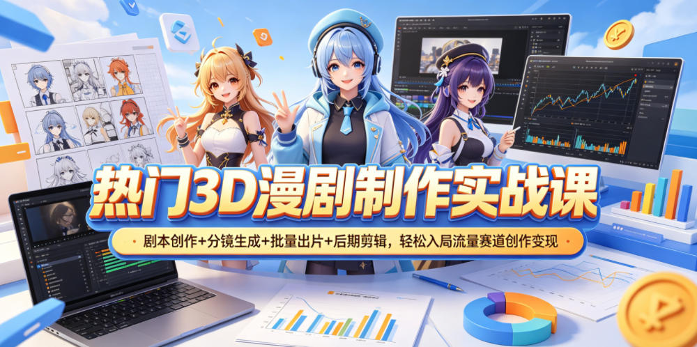 热门3D漫剧制作实战课，剧本创作+分镜生成+批量出片+后期剪辑，轻松入局流量赛道创作变现-快名资源网