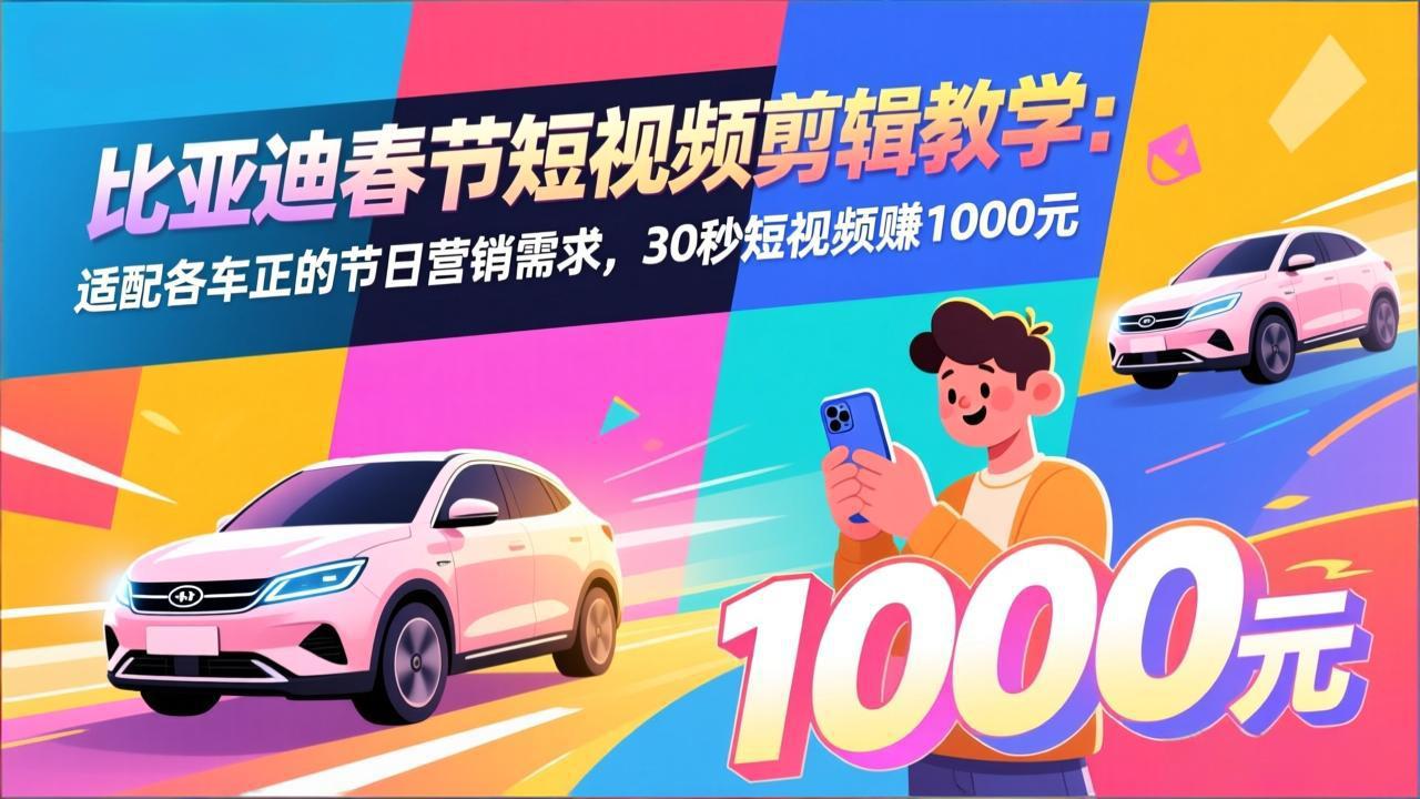 比亚迪春节短视频剪辑教学：适配各车企的节日营销需求，30秒短视频赚1000元-快名资源网