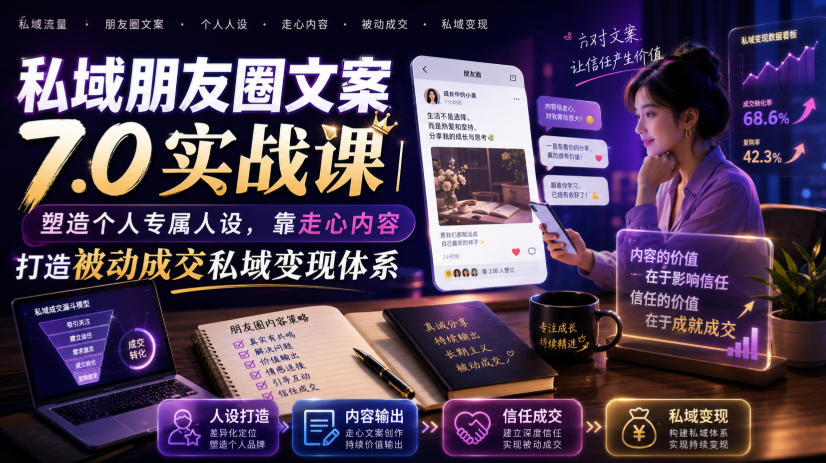 私域朋友圈文案7.0实战课｜塑造个人专属人设，靠走心内容打造被动成交私域变现体系-青虫资源网