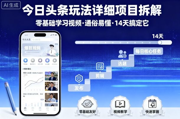 今日头条玩法详细项目拆解，零基础学习视频 通俗易懂 14天搞定它-青虫资源网